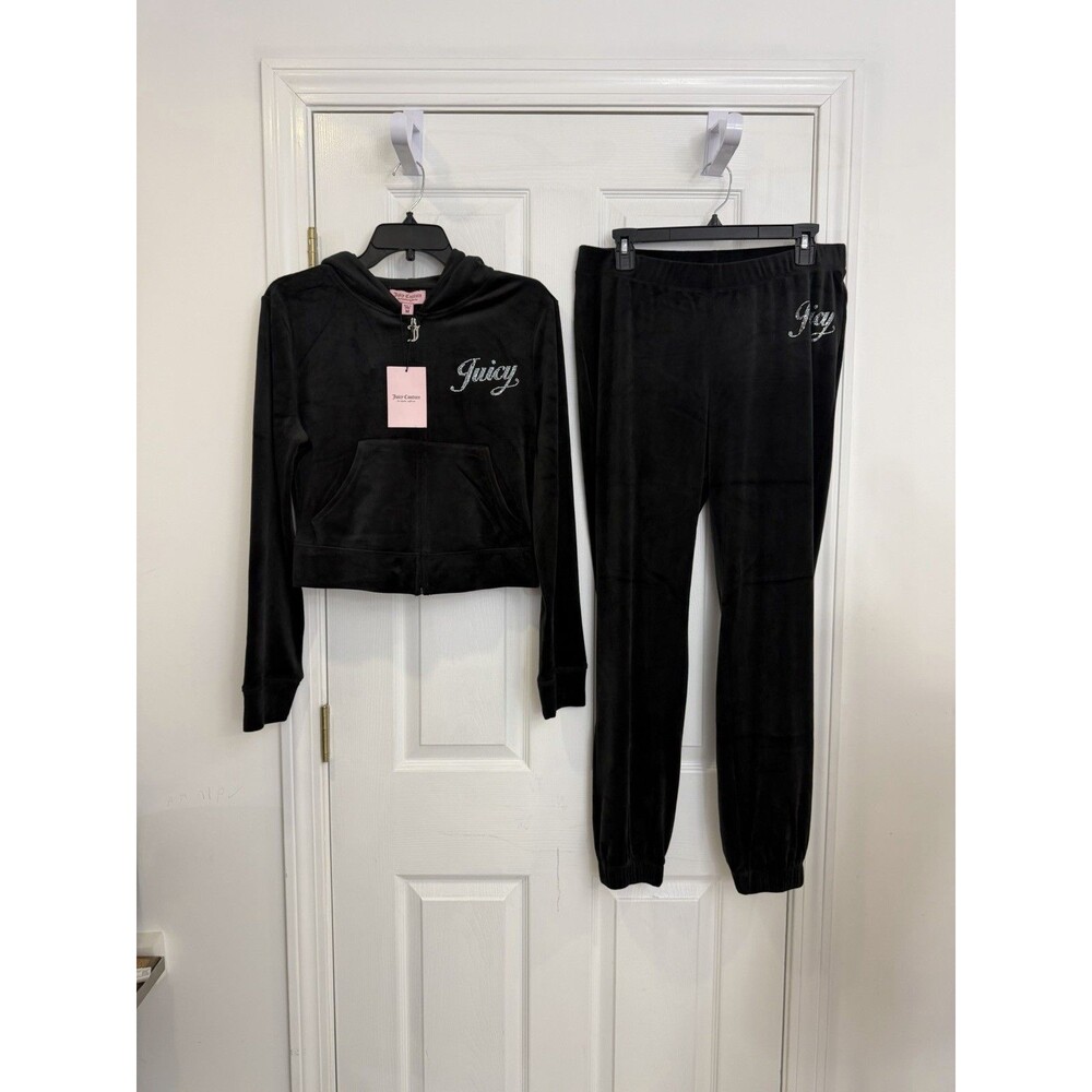 Juicy Couture Black Velour Tracksuit Hoodie Joggers Set Medium